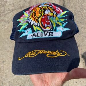 Ed Hardy Alive Truckers Style Adjustable Snapback Cap Blue Tiger Rhinestones